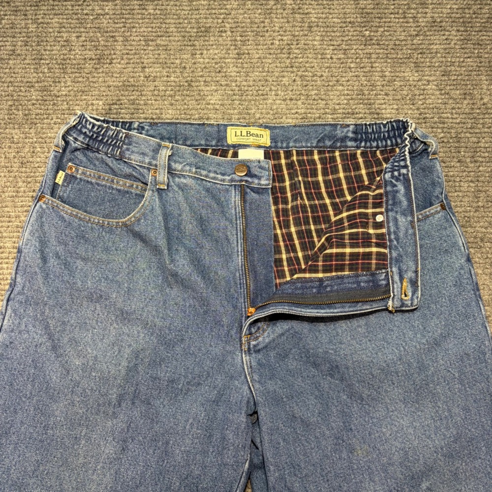 LL Bean Comfort Waist Flannel Lined Jeans Mens 38x32 Blue Denim Plaid 0WW91